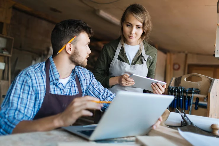 Two professionals discussing strategies and managing liquidity pools in a collaborative workspace.